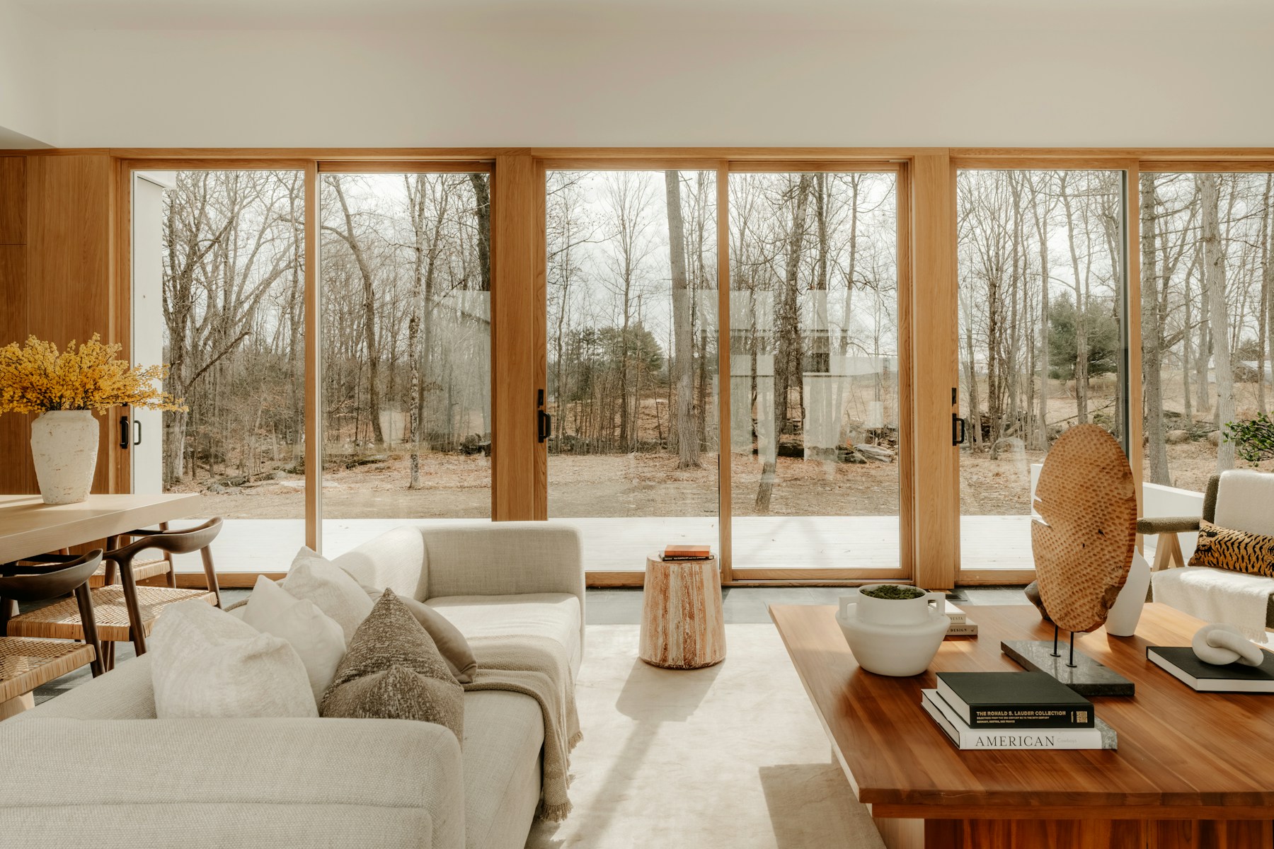 Modern home with large windows facing a cool green forest
